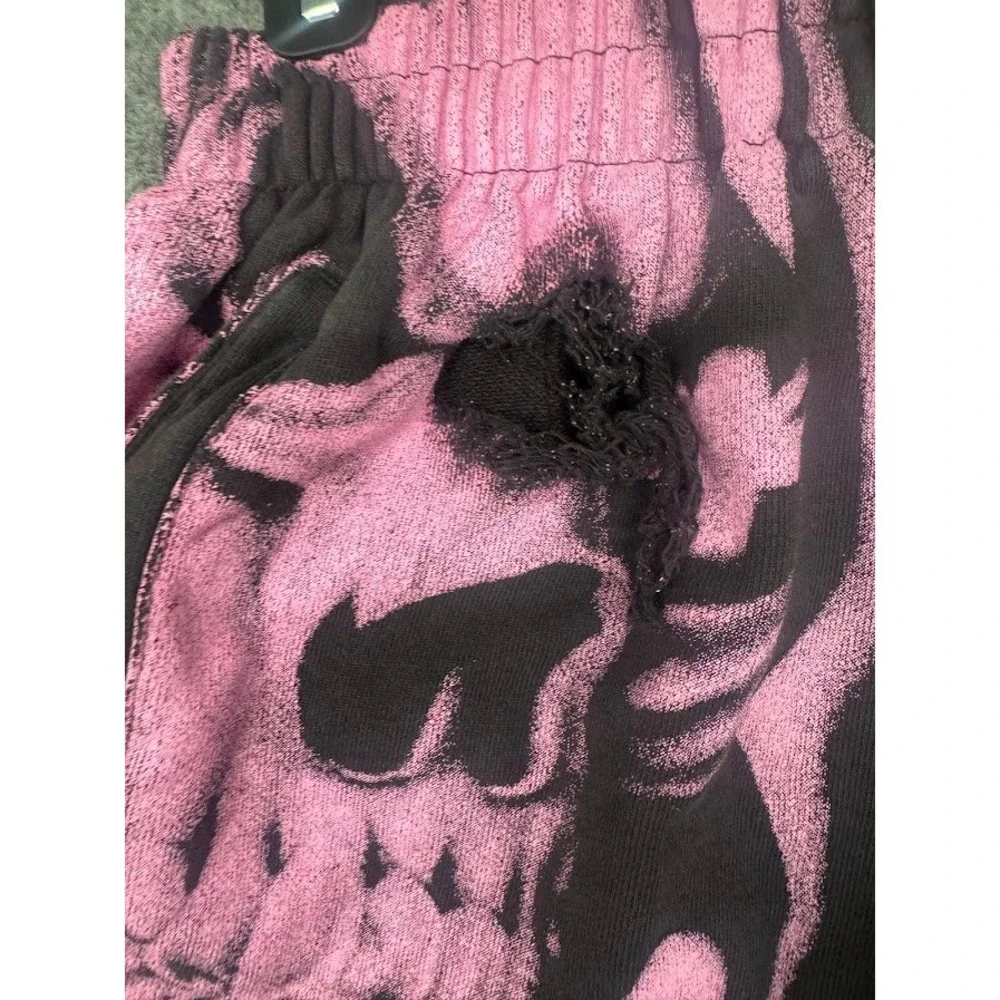 Unknown Brand Skull Print Distressed Sweat‎ Shorts Black Pink Streetwear Mens
